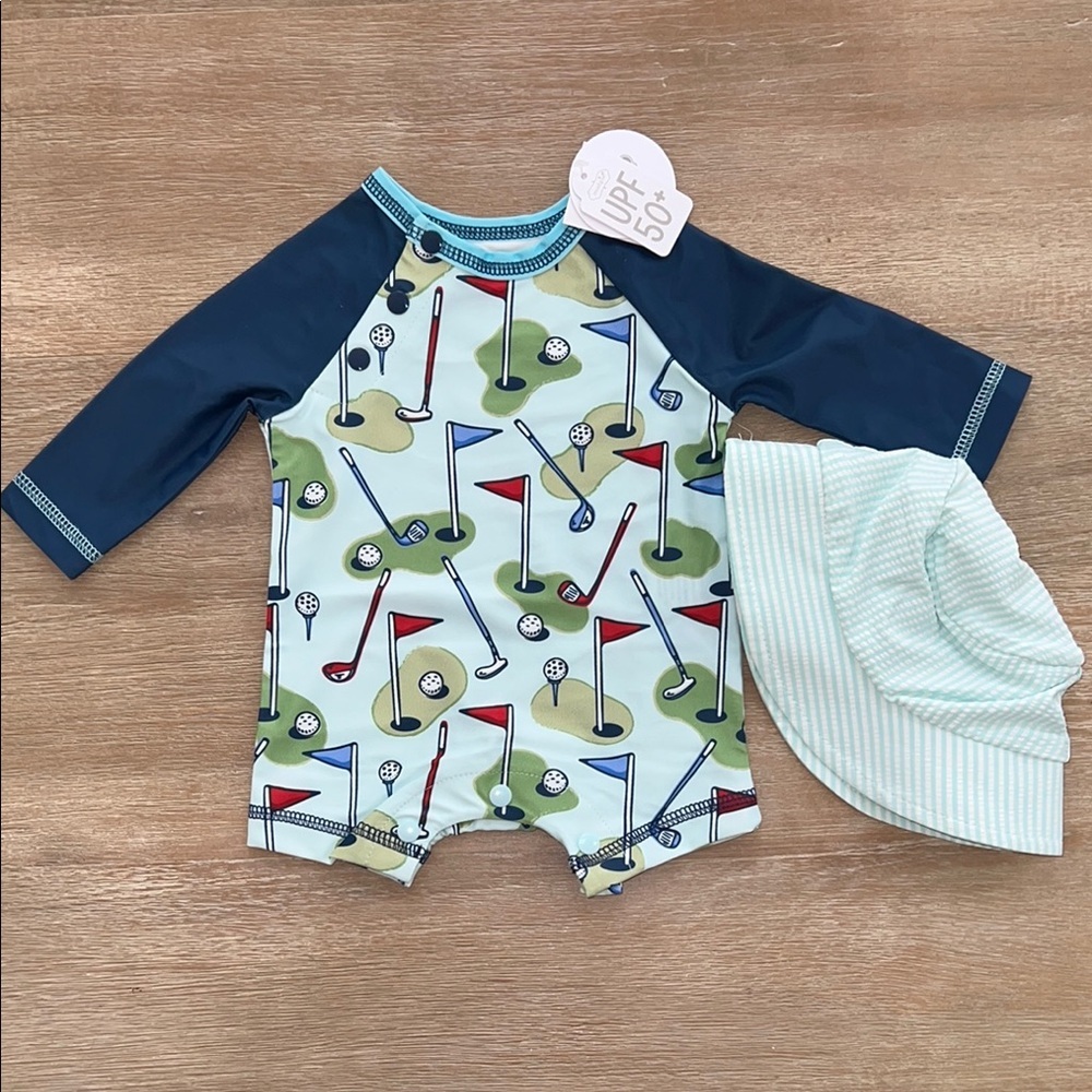Mudpie Baby Boy Gold One Piece Long Sleeve Swimsuit Rash Guard 0-3 months